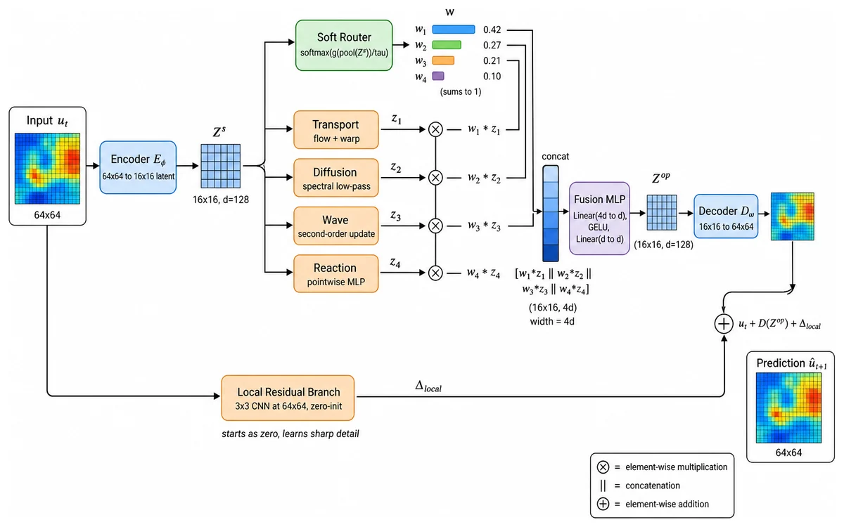 COSMOS architecture: encoder, four physics experts, soft router, fusion and decoder