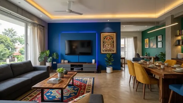 Ghar tour frame: an LED-lit living and dining room designed by the AI